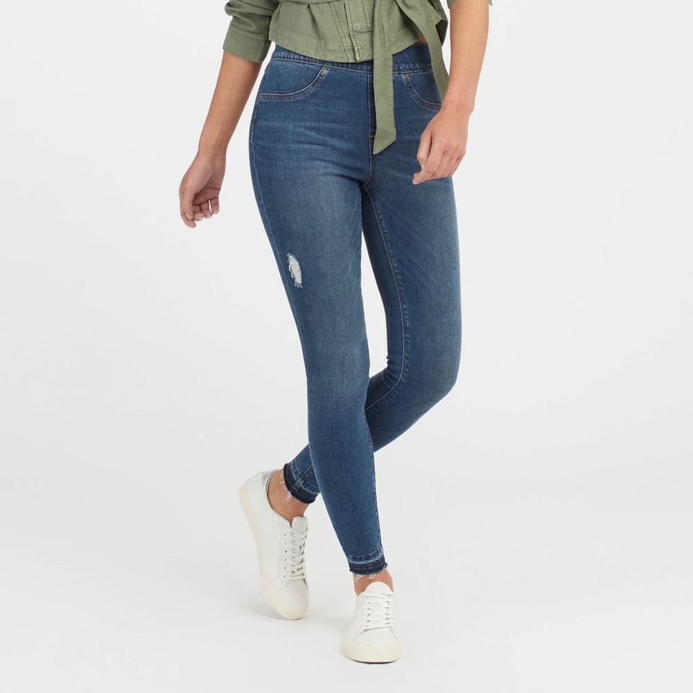Spanx Distressed Ankle Skinny Jeans Medium Wash Released Hem Pull-On XS